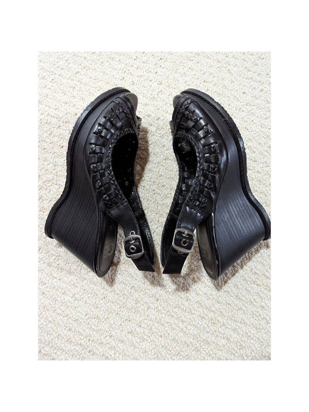 Gianni Bini Women's Black Leather Woven Slingback Wedge Sandals Size 7.5 - Picture 3 of 6